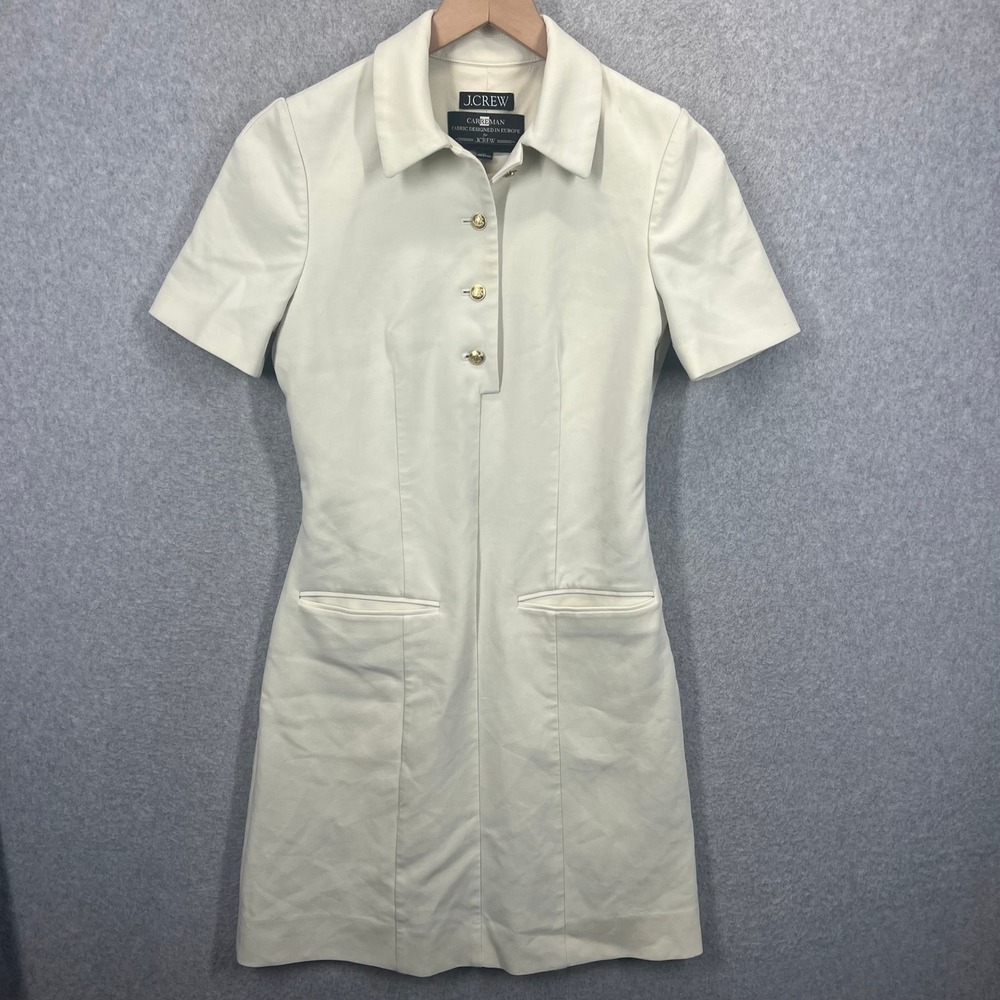 J.Crew Carreman Fabric Short Sleeve Mini Dress Womens 2T Cream Gold Button EUC